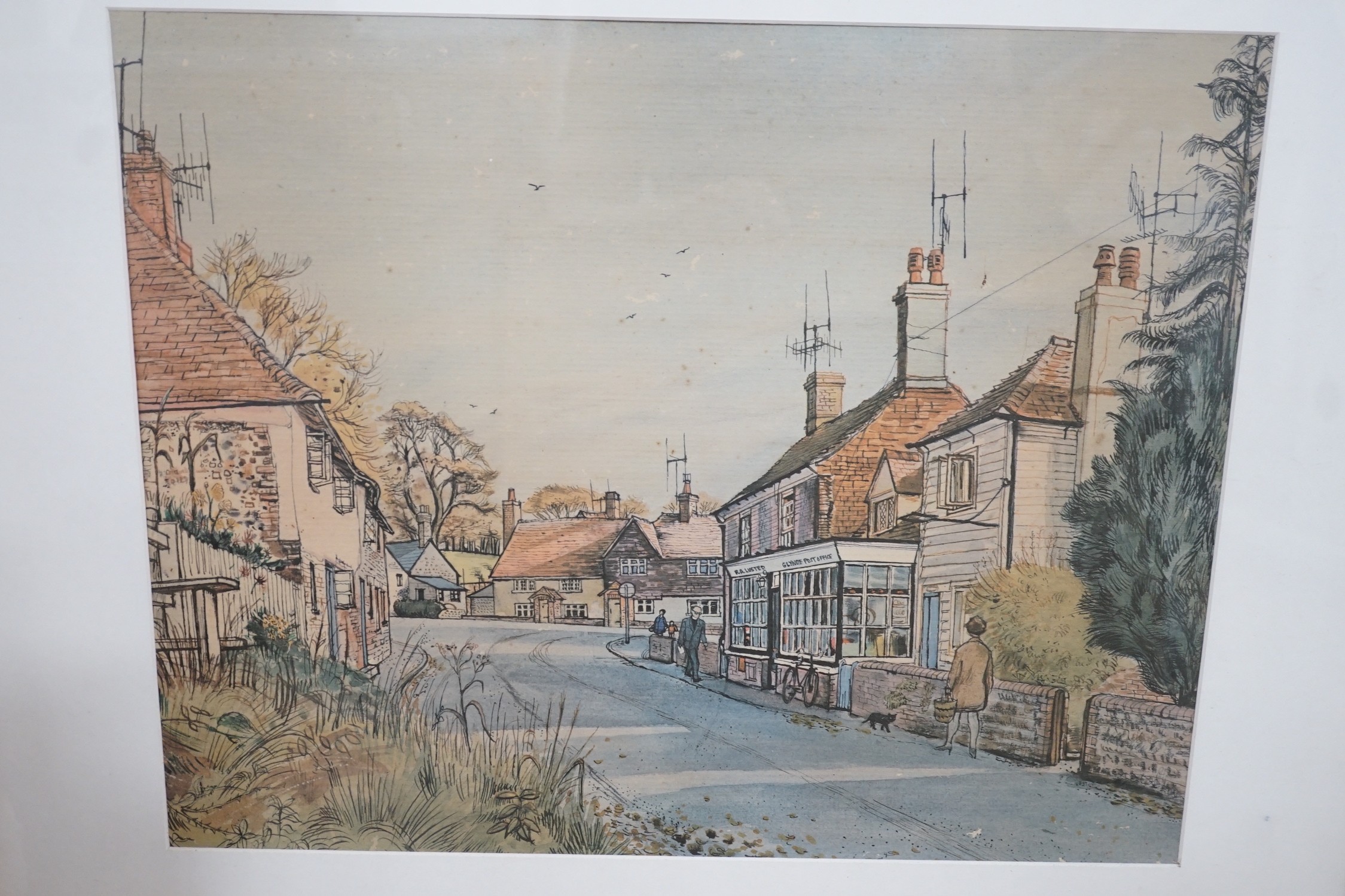 Three assorted watercolours of Glynde and a colour print, largest 40 x 49cm